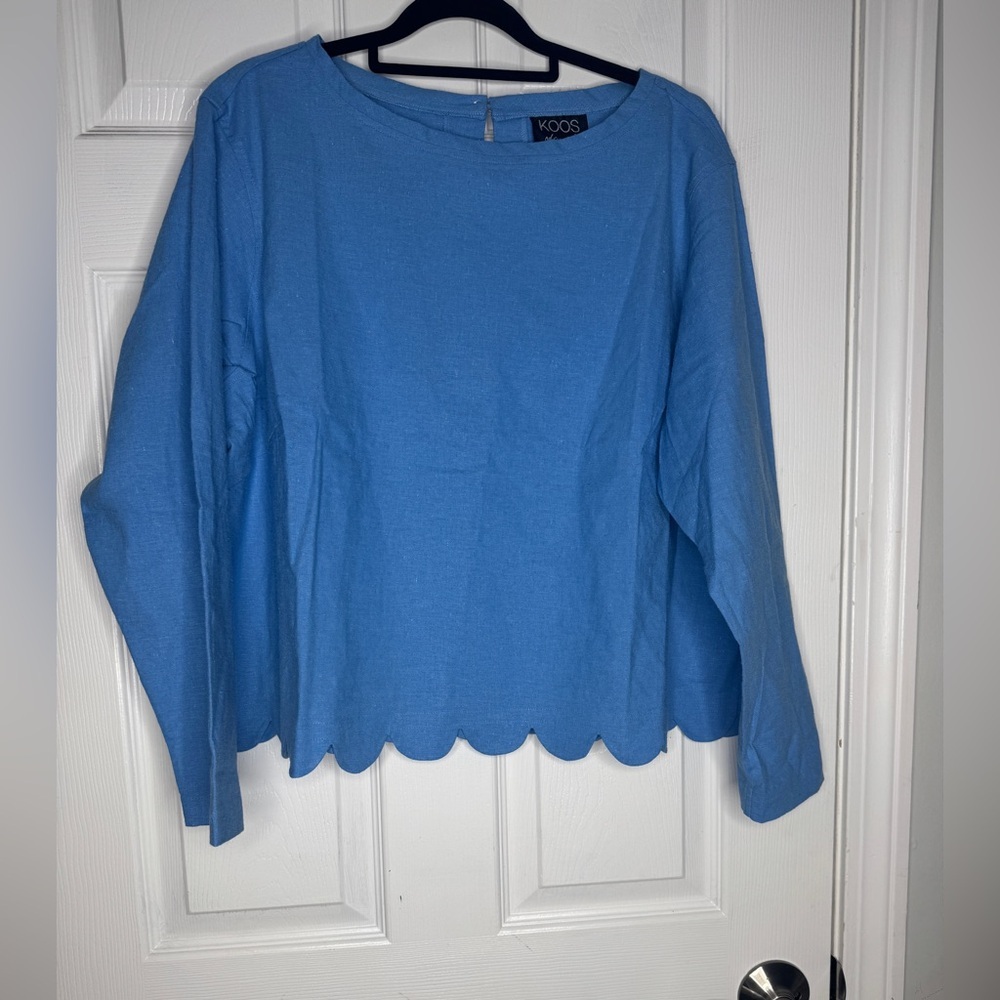 KOOS Of Course! NWT Blue Scallop‎ Hem Linen Blend Blouse Size 1XL